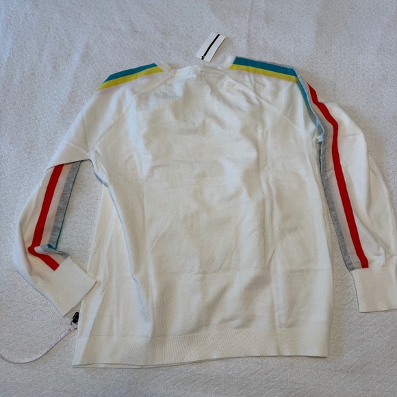 white crew neck sweater with color stripes on sleeves, large - Picture 8 of 8